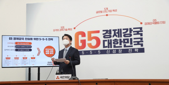 4일 안철수 국민의당 대표가 서울 여의도 국회에서 1호 공약인 'G5 경제강국' 진입전략을 발표하고 있다. 국회사진기자단=연합뉴스.